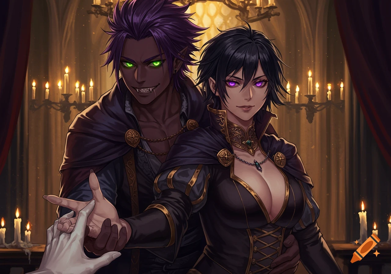 Anime-style man and woman in medieval attire in a candlelit room. The woman reaches out to a white hand while the man holds her from behind.