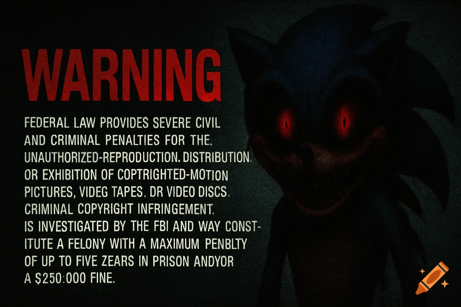 A dark, grainy image of a creepy, red-eyed Sonic the Hedgehog character on the right, next to a red 'WARNING' text and a paragraph of a white FBI warning message on the left.