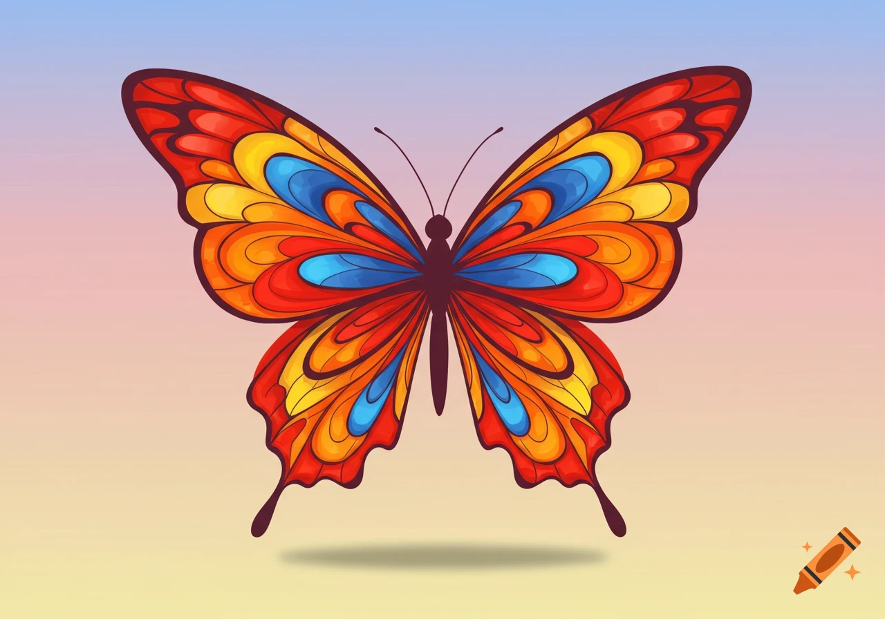 A colorful decorative butterfly with symmetrical red, orange, yellow, and blue wings, on a gradient background.