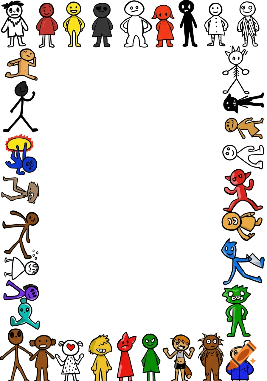 A white page bordered by a variety of whimsical cartoon figures in different styles and colors.