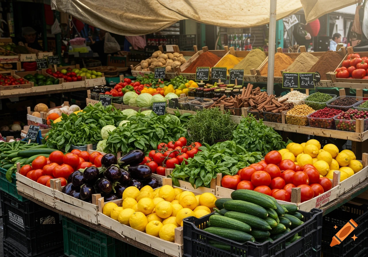 A vibrant market stall filled with colorful fresh fruits, vegetables, and spices under a canopy.