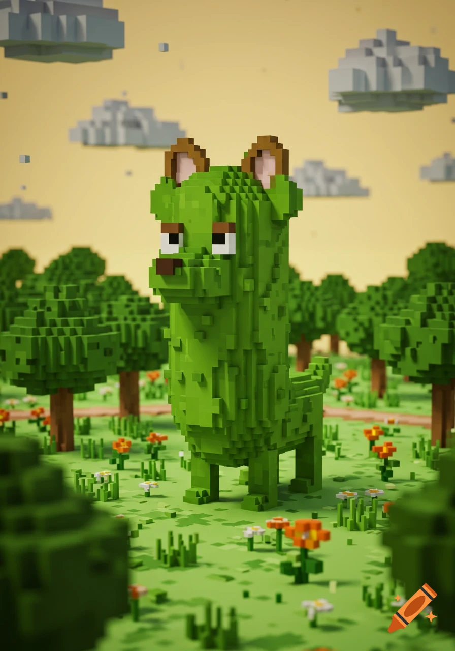 A green voxel art creature, a cross between a dog and a pickle, stands in a blocky green landscape with trees, flowers, and clouds.