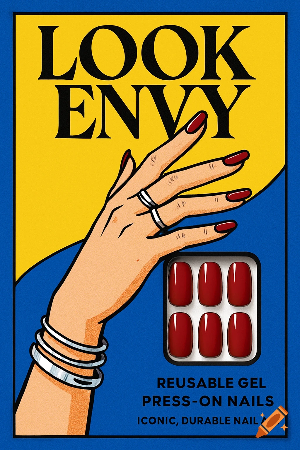 Pop-art illustration of a hand with red nails and silver rings on a yellow and blue 'Look Envy' press-on nail package.