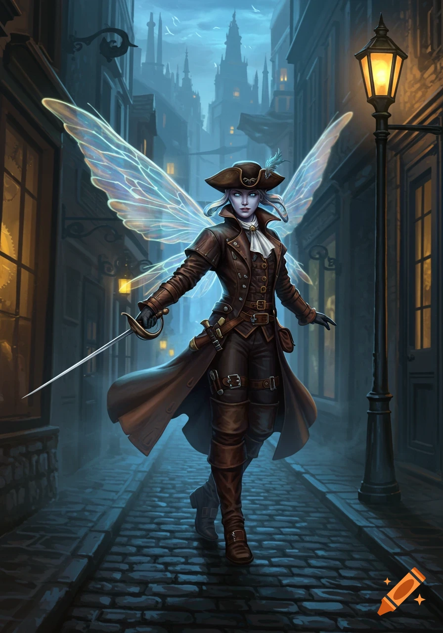 A winged detective swashbuckler with a sword walks down a dark, cobblestone alley lit by a streetlamp.