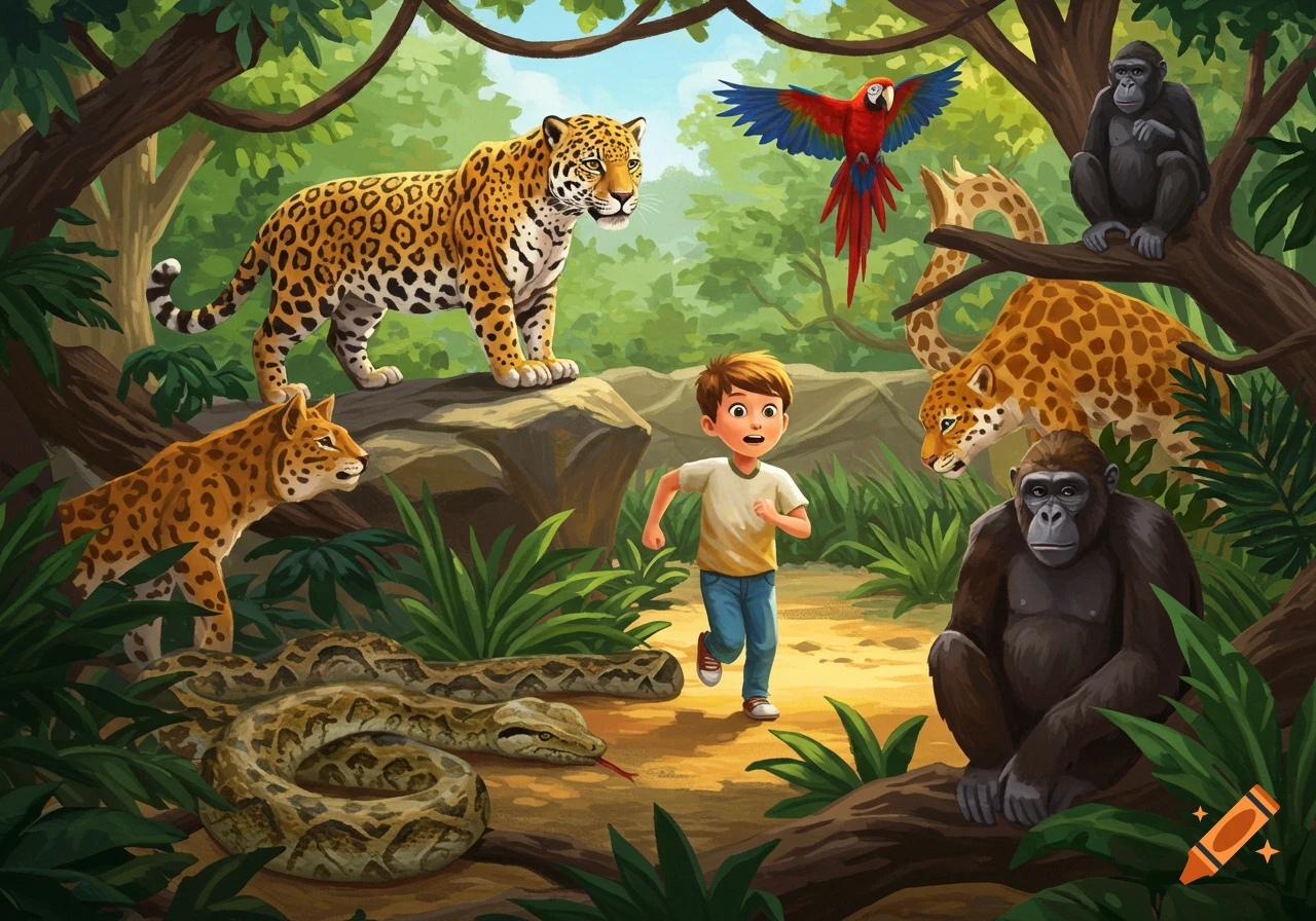 An illustrated jungle scene shows a boy running past a jaguar, boa constrictor, parrot, and gorillas.