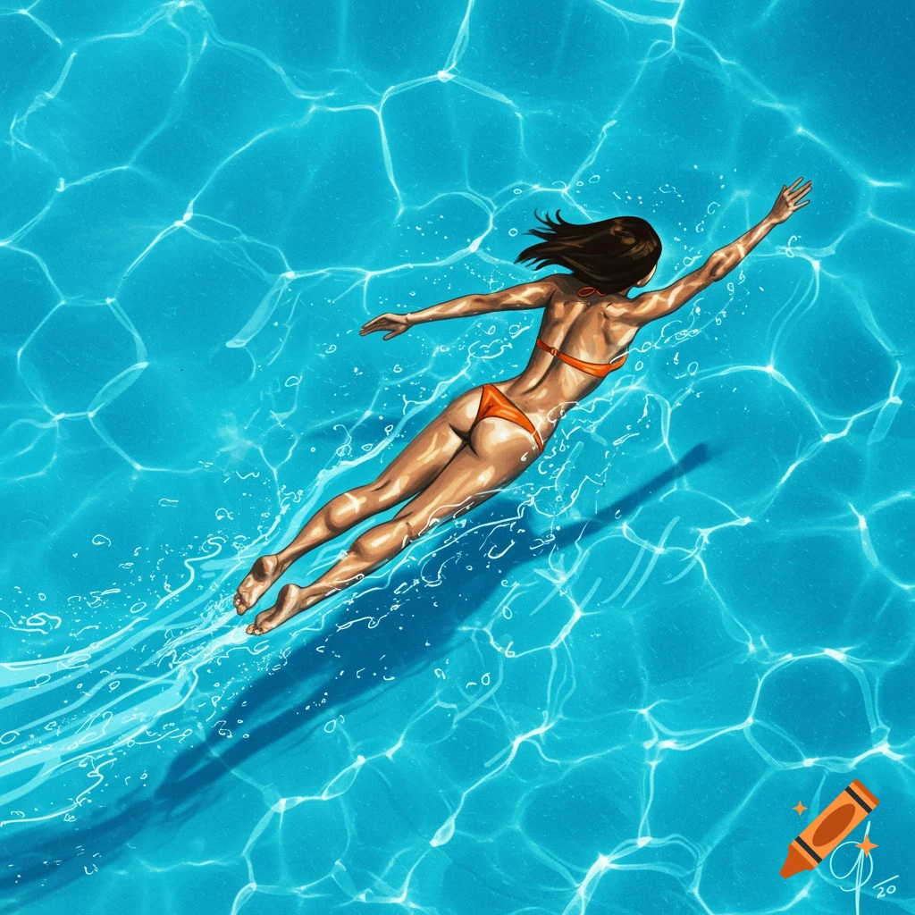 A woman swims in a sunlit pool, seen from above. She wears an orange bikini, creating a shimmering trail in the blue water with light reflections.