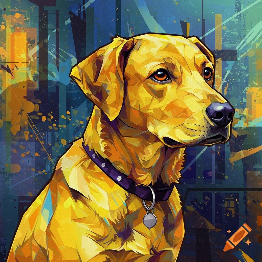 A golden retriever depicted in a vibrant cubist art style, looking to the right with a blue and yellow abstract background.