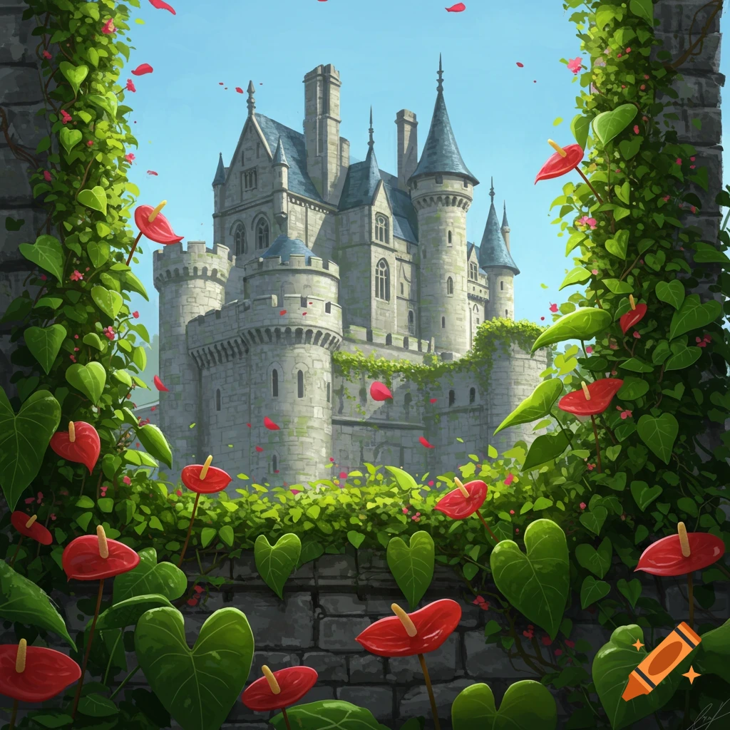 A fairytale castle covered in lush green vines with large heart-shaped leaves and bright red anthurium flowers, under a blue sky with falling pink petals.