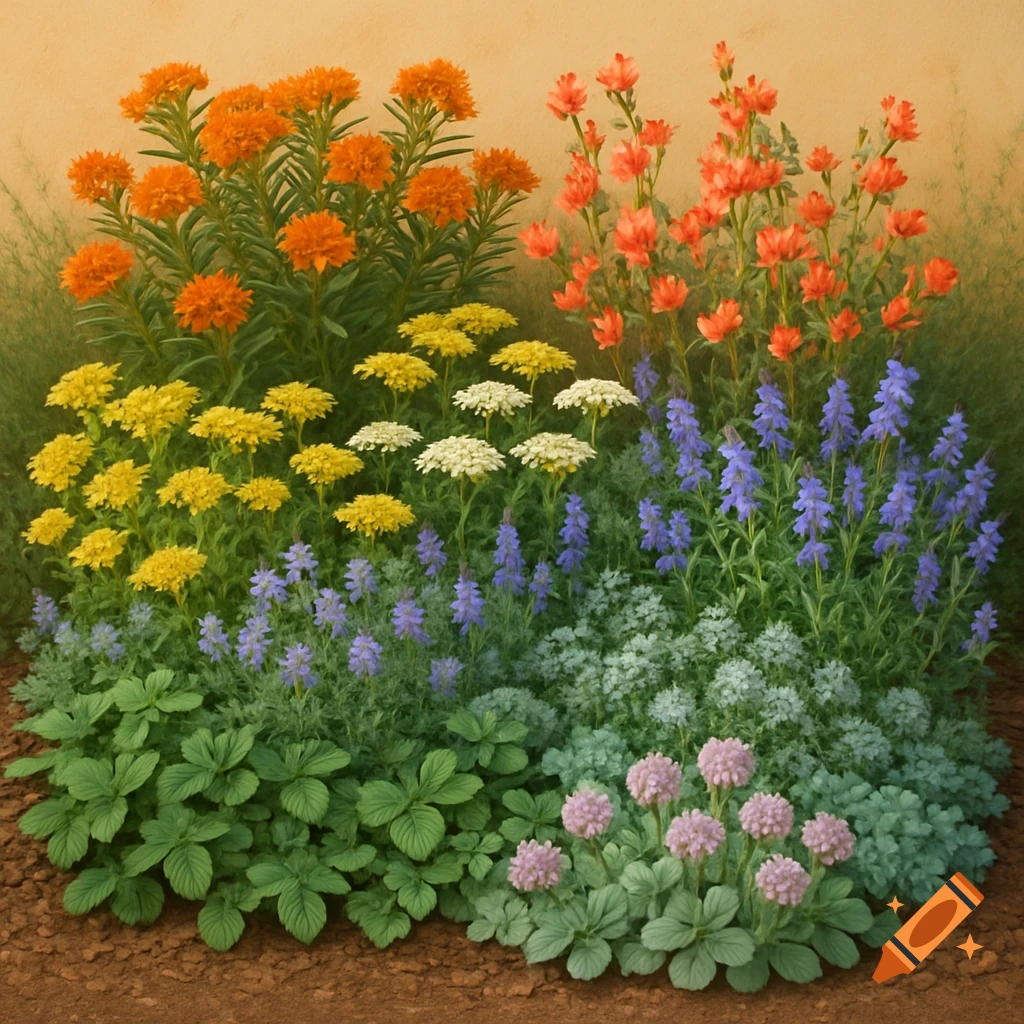 A colorful garden bed with orange, yellow, white, blue, and pink flowers in a painterly style.