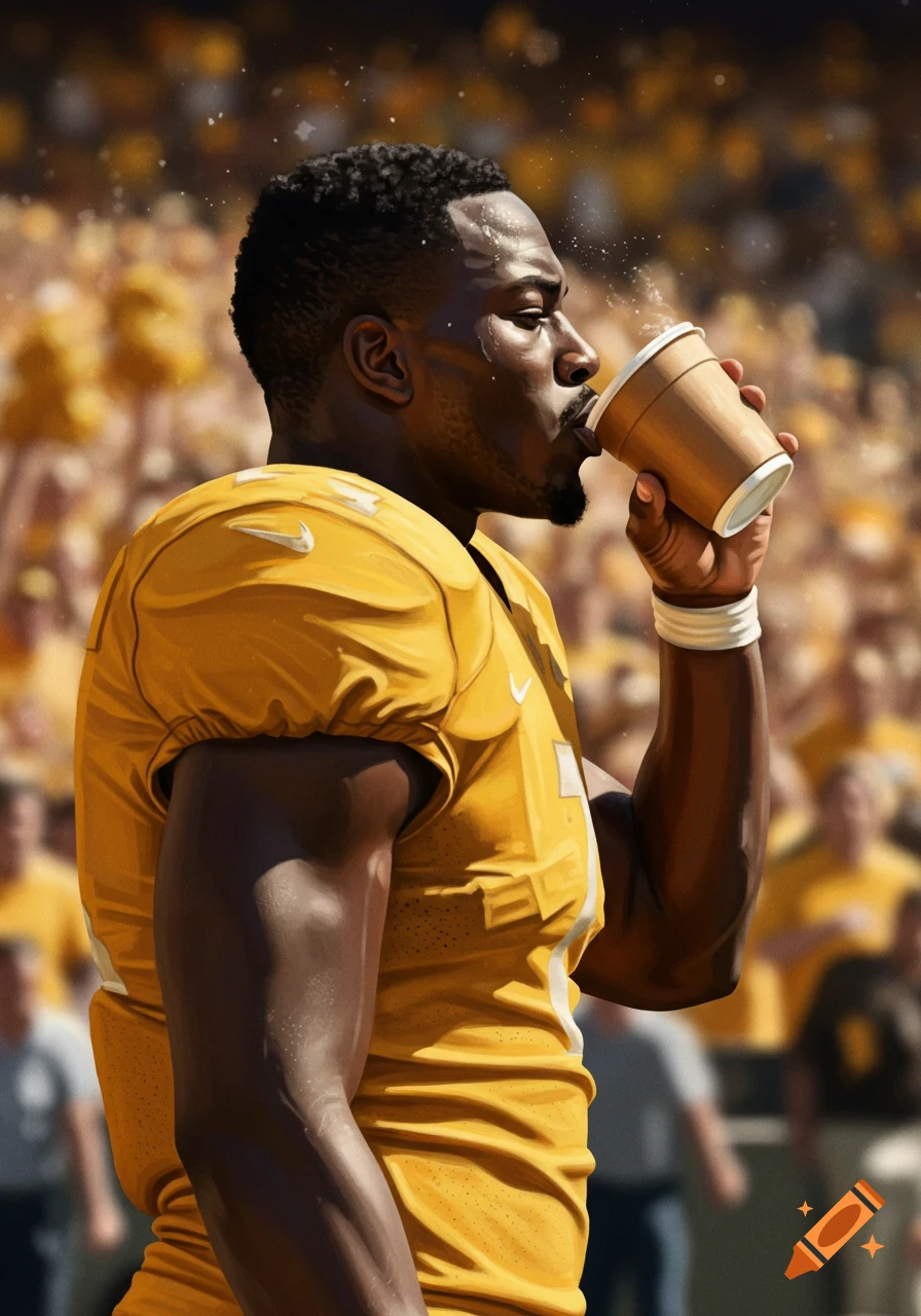 A muscular African American football player in a yellow jersey drinks from a cup on a bright day in a stadium.