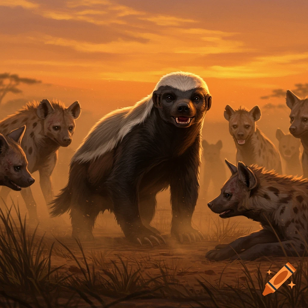 A digitally painted scene of a honey badger standing confidently among a group of hyenas in a dusty savanna at sunset.