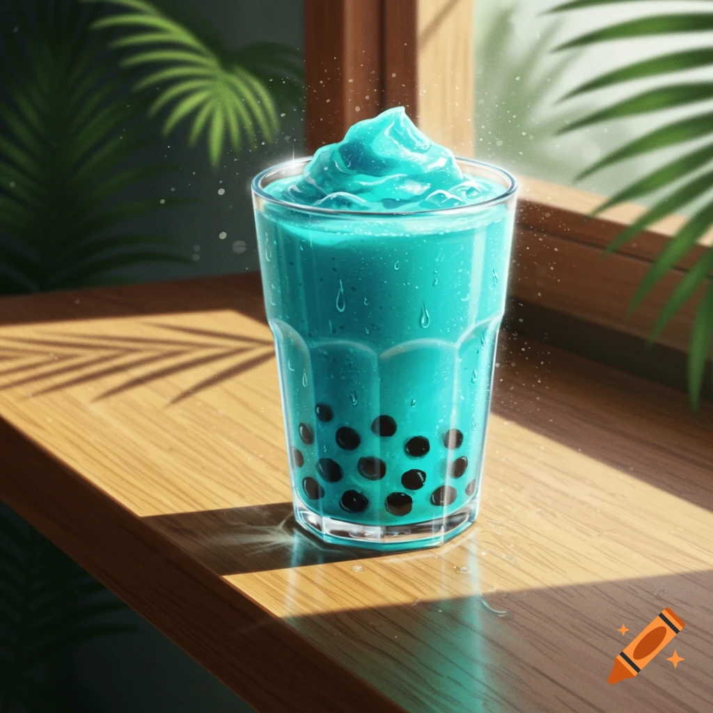 A vibrant cyan boba smoothie in a clear glass sits on a sunlit wooden surface, with palm leaves in the blurred background. Illustrated style.