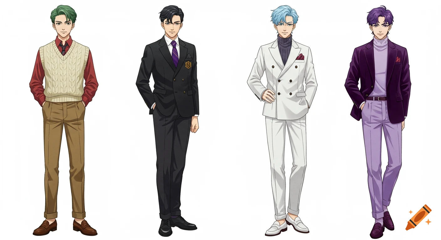 Four anime-style boys in preppy fashion, with different hair colors and suits, standing in a horizontal row on a white background.