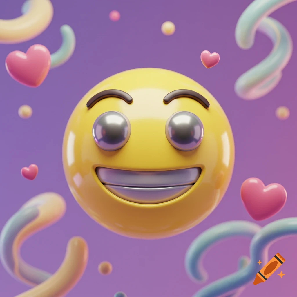 A 3D rendered happy yellow emoji with metallic eyes and shiny teeth, surrounded by pink hearts and swirling pastel shapes on a purple background.