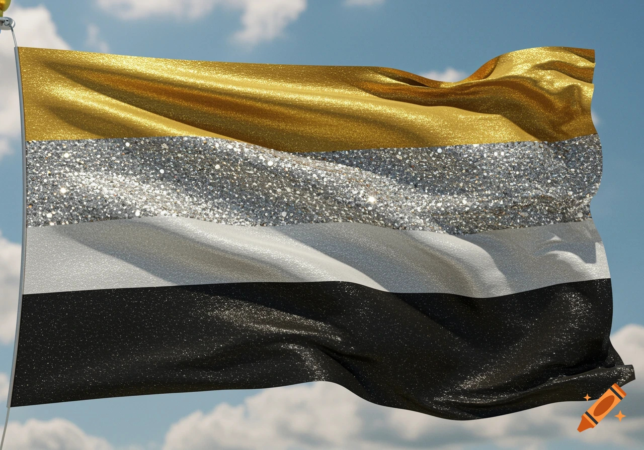 A flag with gold, silver glitter, light gray, and black glitter stripes waves against a blue sky with clouds.