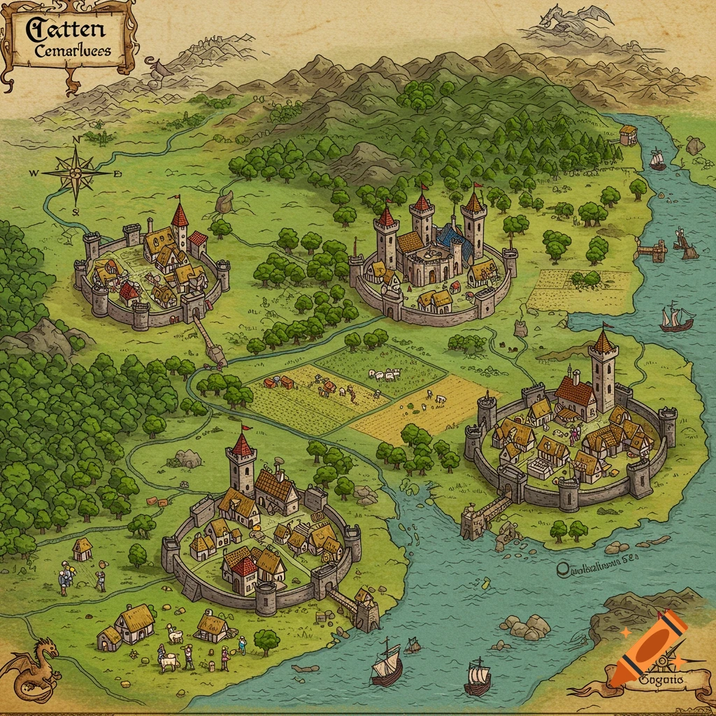An old-style fantasy map featuring three fortified medieval towns, surrounded by forests, fields, mountains, and rivers flowing into a sea with ships.