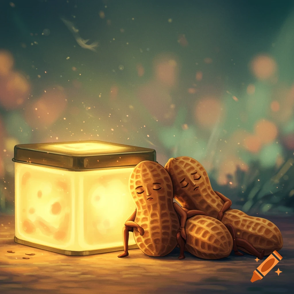Three anthropomorphic peanuts, appearing sleepy, cuddle around a glowing rectangular box in a softly lit, whimsical setting.