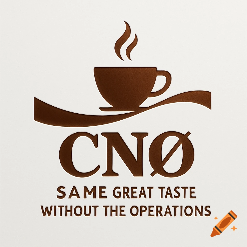 Brown paper cut-out style logo featuring a coffee cup and steam, with the text 'CN SAME GREAT TASTE WITHOUT THE OPERATIONS' on a white background.