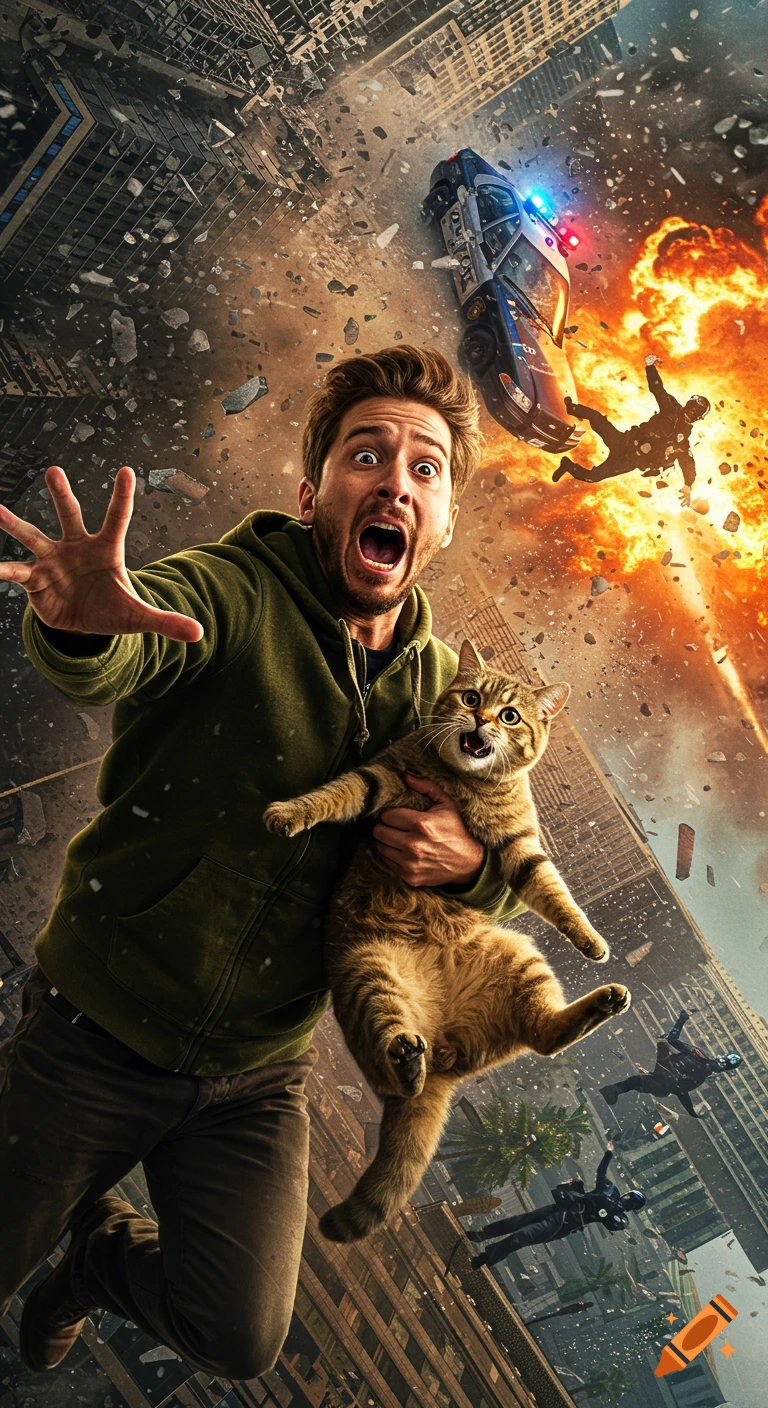 A terrified man clutches a cat mid-air, screaming in a hyper-realistic cinematic action scene of a collapsing city with an explosion.