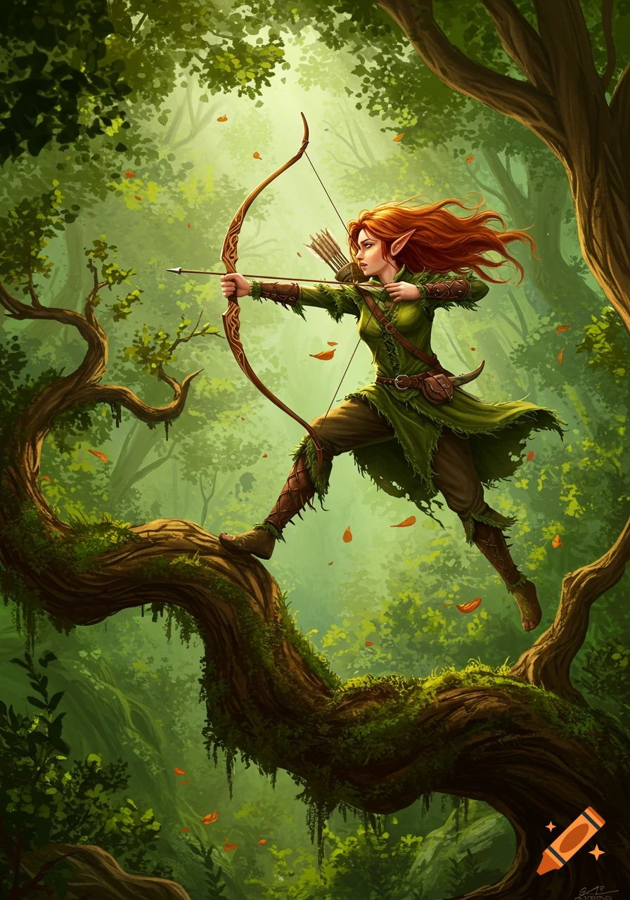 A red-haired elf archer in green, leaping from a tree branch, aiming a bow and arrow in a vibrant green forest.