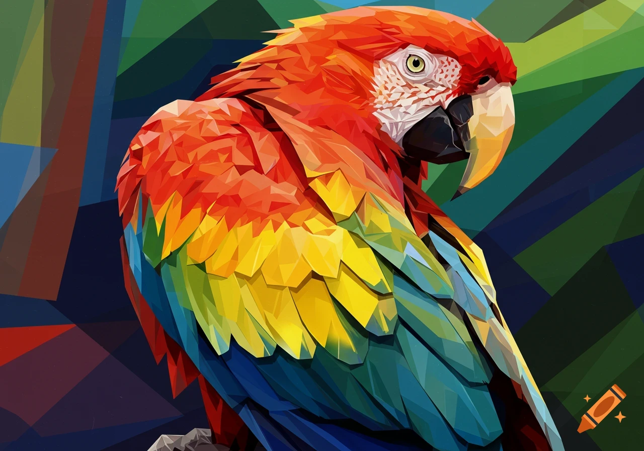 Colorful cubist painting of a macaw.