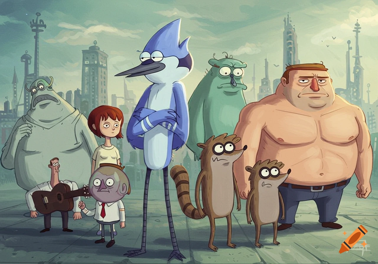 The Regular Show cast, including Mordecai and Rigby, standing in an urban setting in a detailed animated art style.