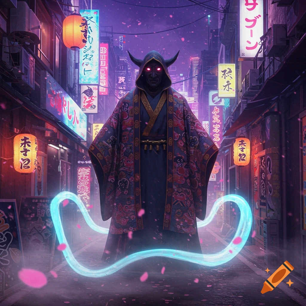 A masked figure with glowing red eyes and horns, wearing a patterned robe, stands in a neon-lit Japanese alley with floating pink petals and a glowing blue light trail.