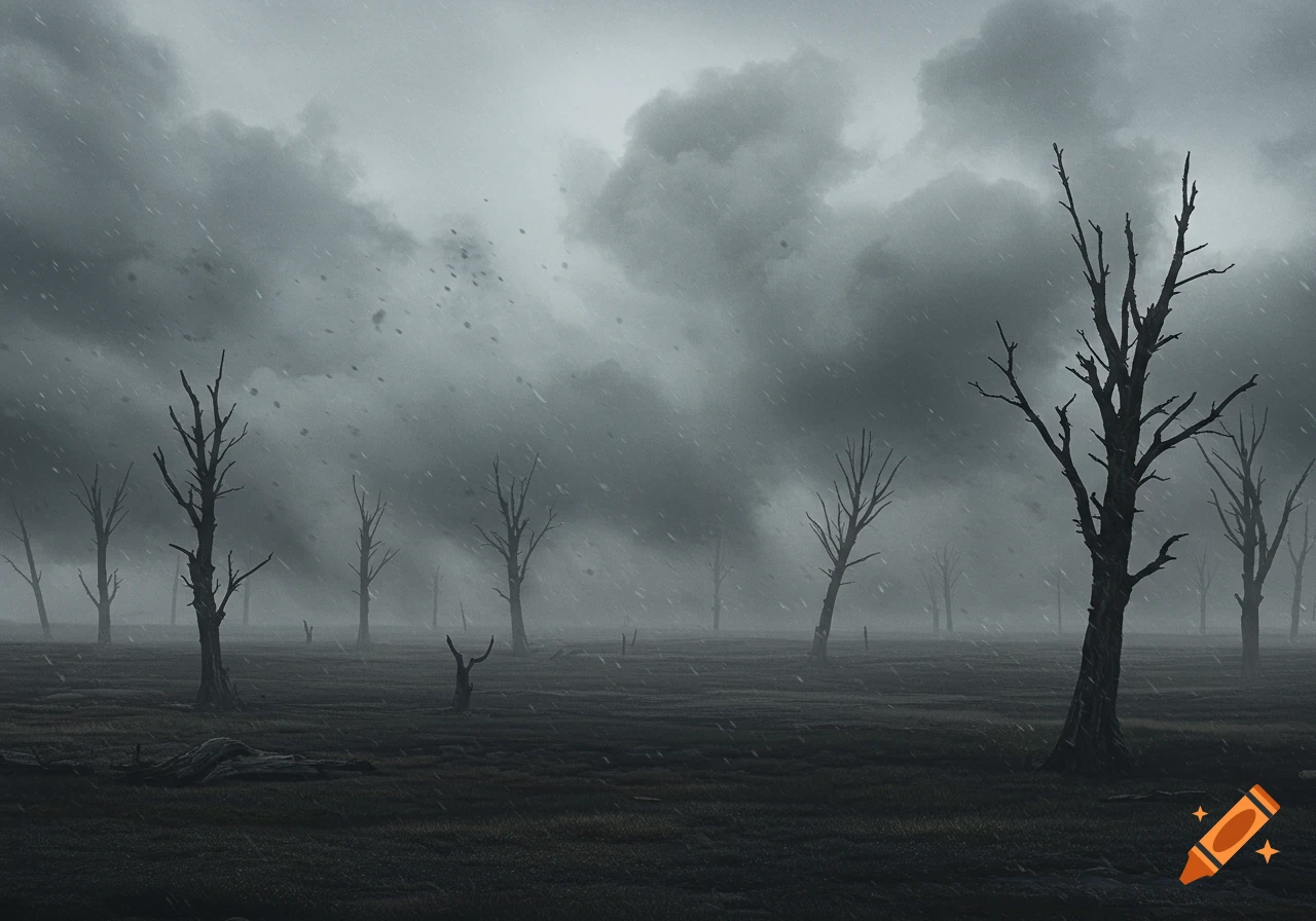 A desolate, grey landscape under a stormy sky with bare, twisted trees and falling ash.