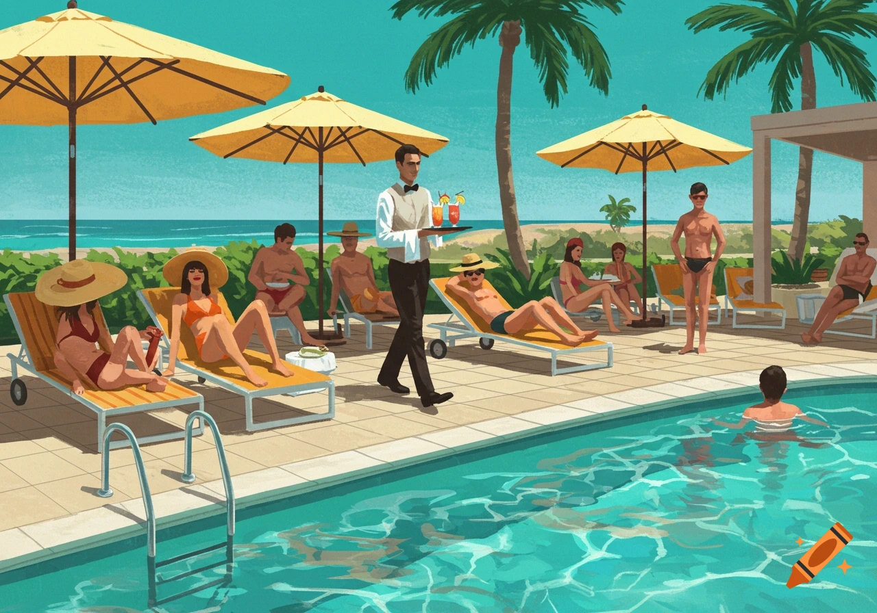 An illustration of people relaxing by a swimming pool at a tropical resort, with palm trees and an ocean view.