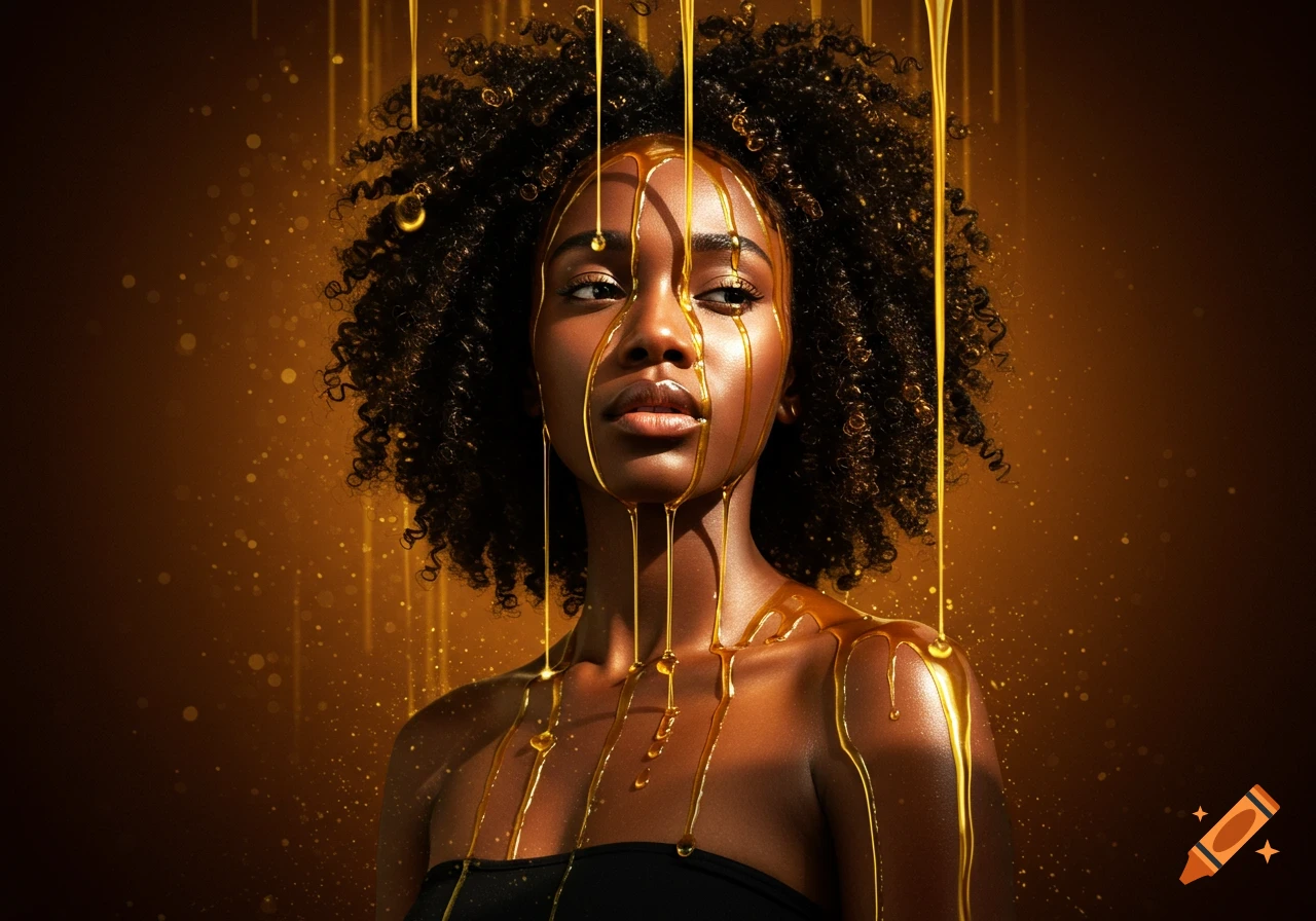 A dark-skinned woman with curly hair looking up, with golden liquid dripping down her face and shoulders against a sparkling golden background.