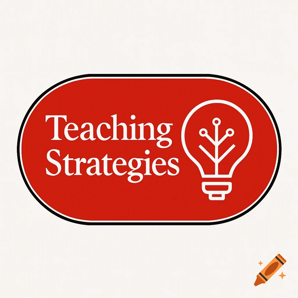 A red oval logo outlined in white and black, with the words "Teaching Strategies" in white on the left and a white lightbulb icon with branching lines on the right.