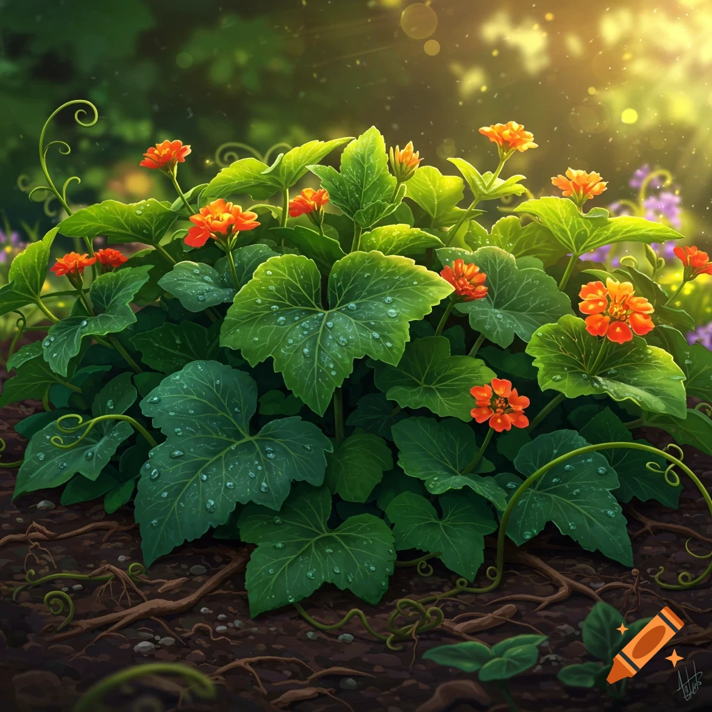 A lush green plant with orange flowers and water droplets on its leaves in a sunlit garden.