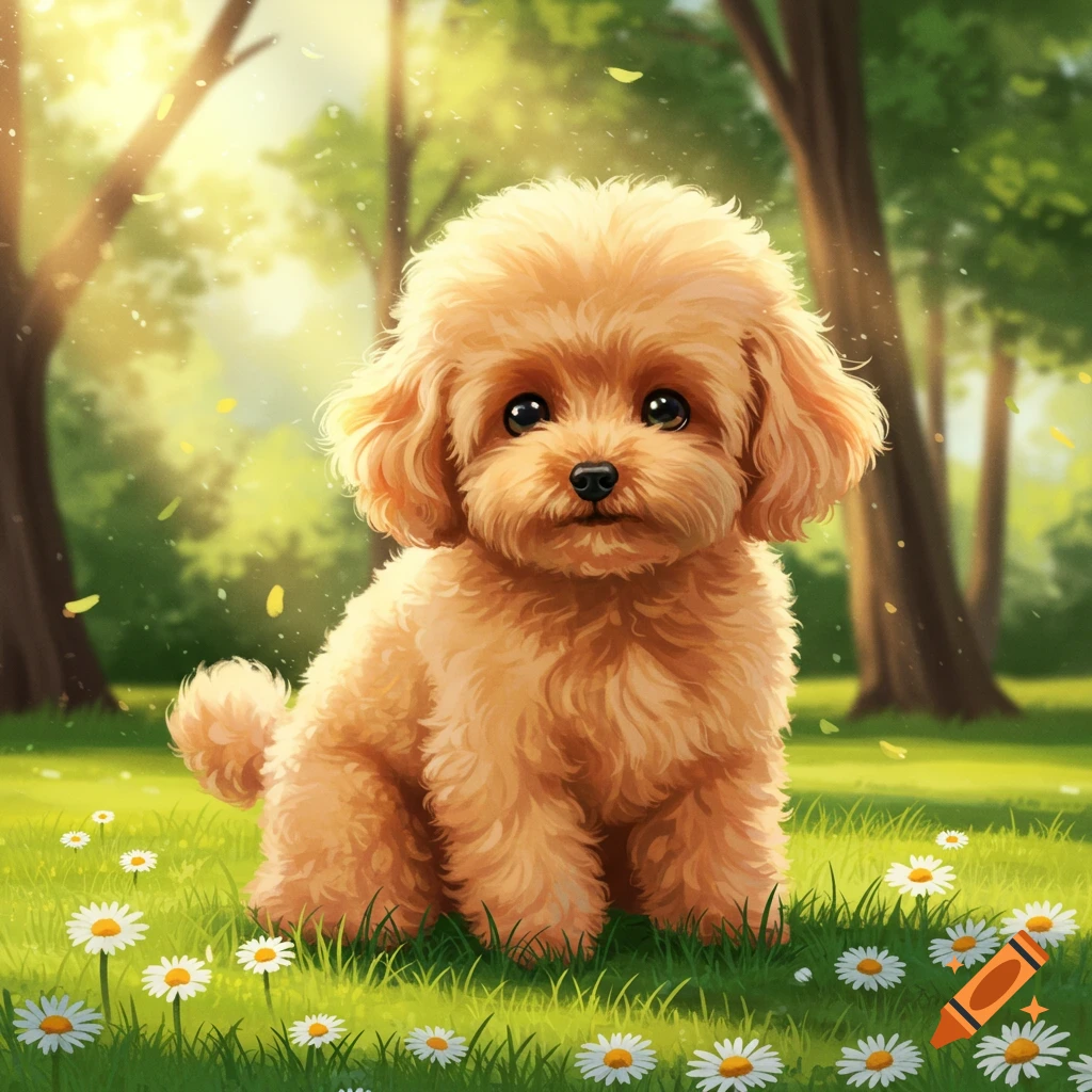 A fluffy apricot toy poodle puppy sits in a sunlit grassy field with daisies, in an illustrative style.