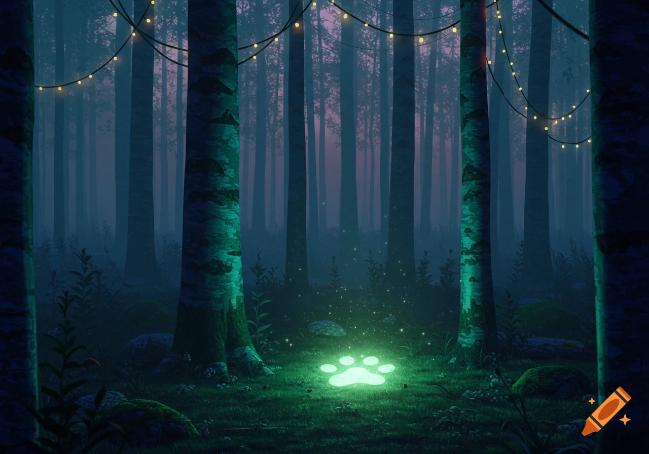 A mystical forest at twilight with tall trees, string lights, and a glowing green pawprint on the mossy ground.