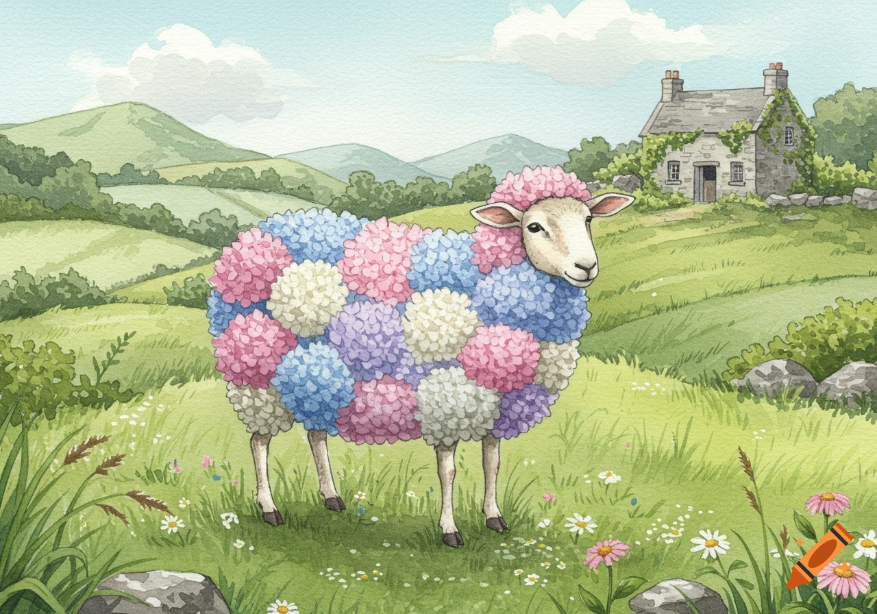 A watercolor painting of a sheep with hydrangea flowers for wool in a field with a stone cottage and hills.