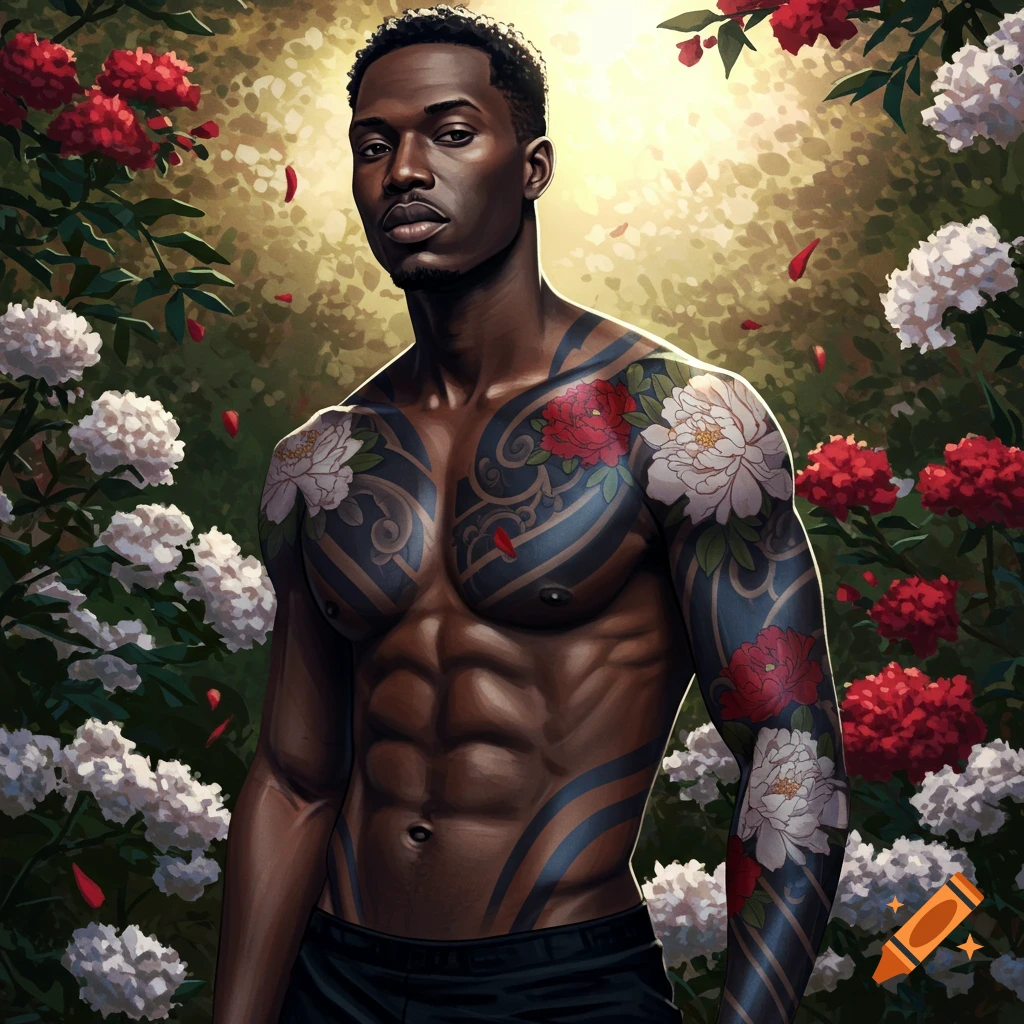 A Black man with chest and arm sleeve tattoos poses among red and white flowers in a lush garden setting.