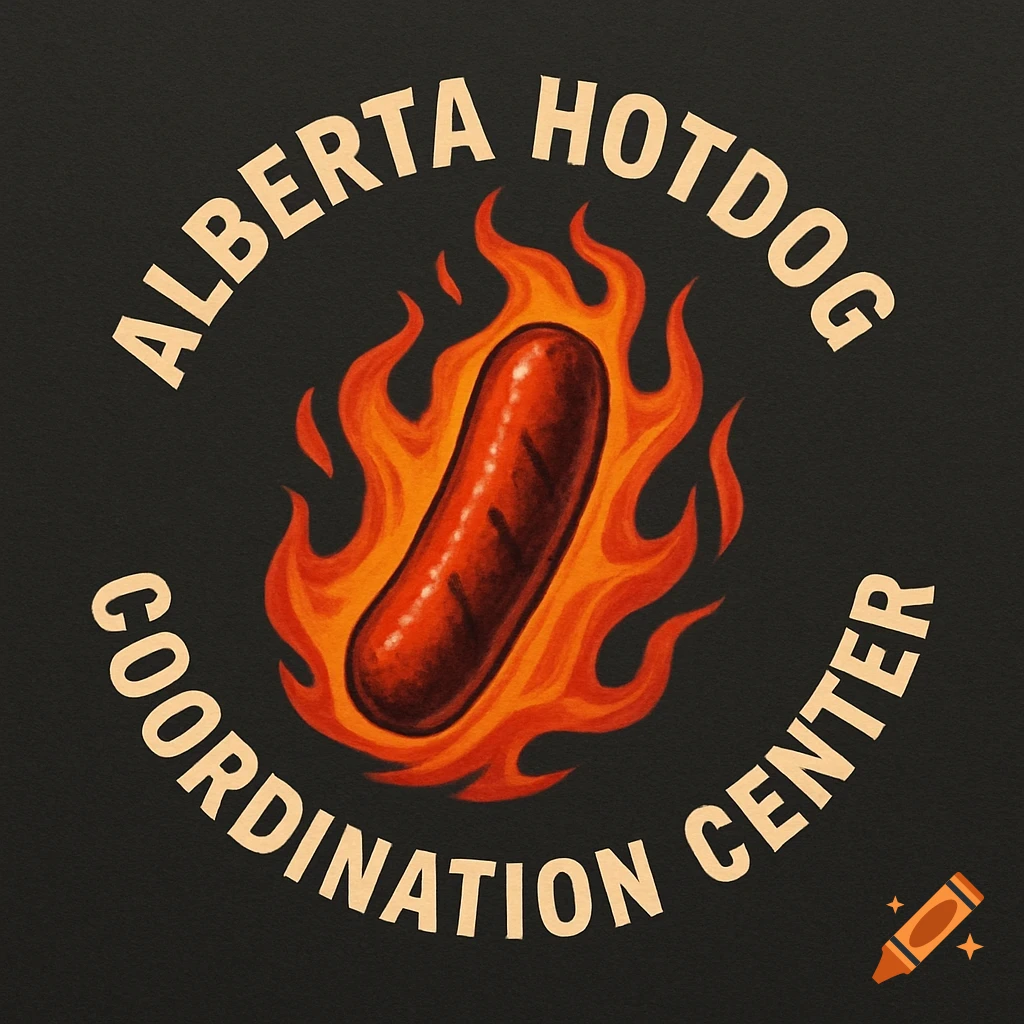 A vintage-style circular logo features a hotdog engulfed in flames, surrounded by the arched text "ALBERTA HOTDOG COORDINATION CENTER" on a dark background.