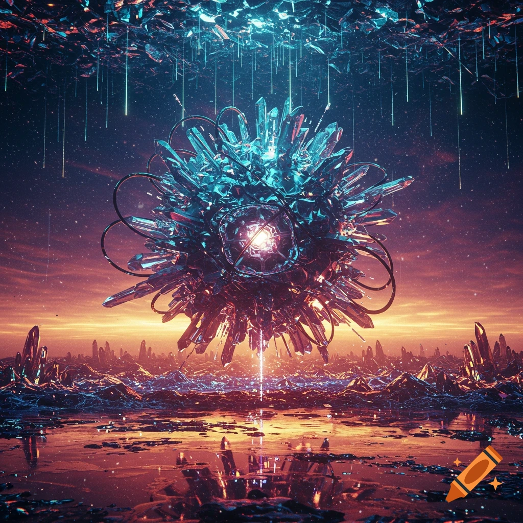 A large, glowing blue and purple crystal sphere floats above a reflective alien landscape with crystalline formations under a starry twilight sky.