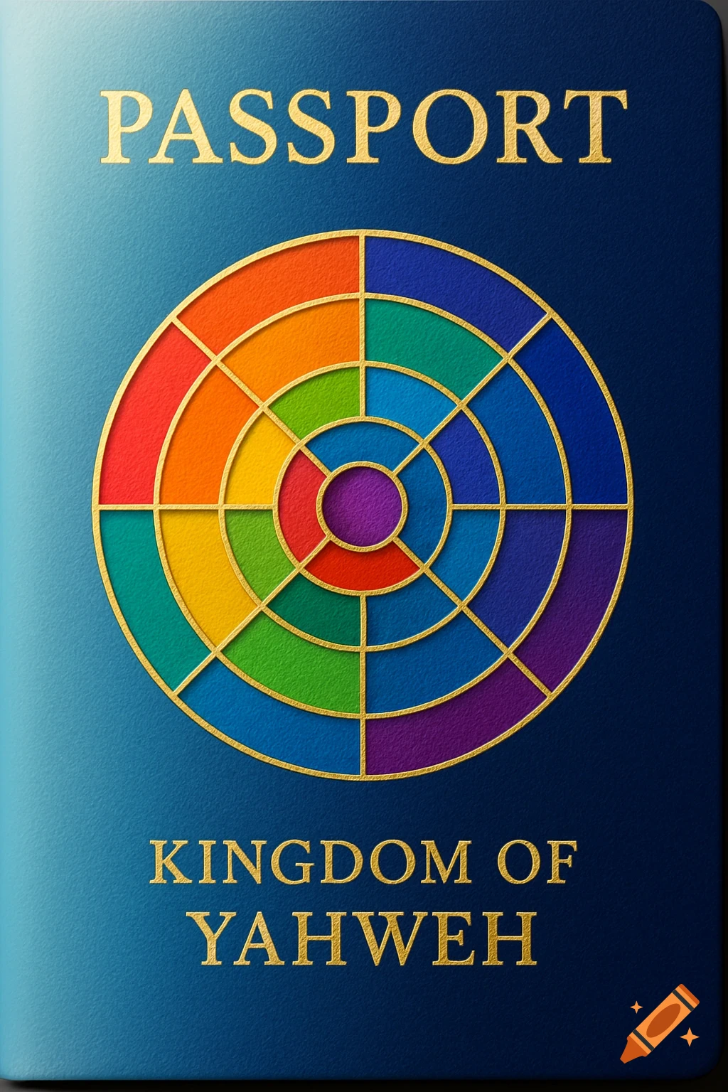 A blue passport cover with gold text 'PASSPORT' and 'KINGDOM OF YAHWEH'. It features a central rainbow-colored circular emblem with gold borders.