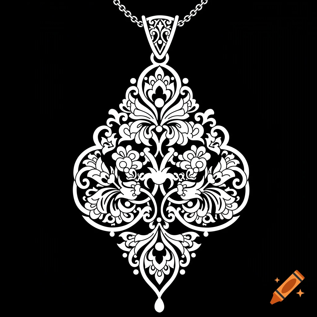 White ornate Persian necklace pendant with Shah Abbasi flower motifs on a black background.