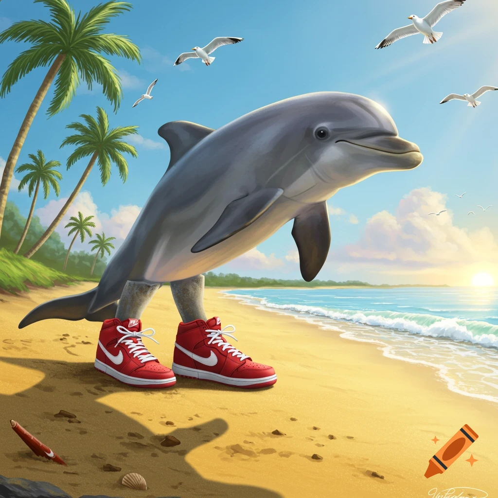 A smiling gray dolphin with human-like legs wearing red Nike high-top sneakers walks on a sunny sandy beach with palm trees and seagulls.