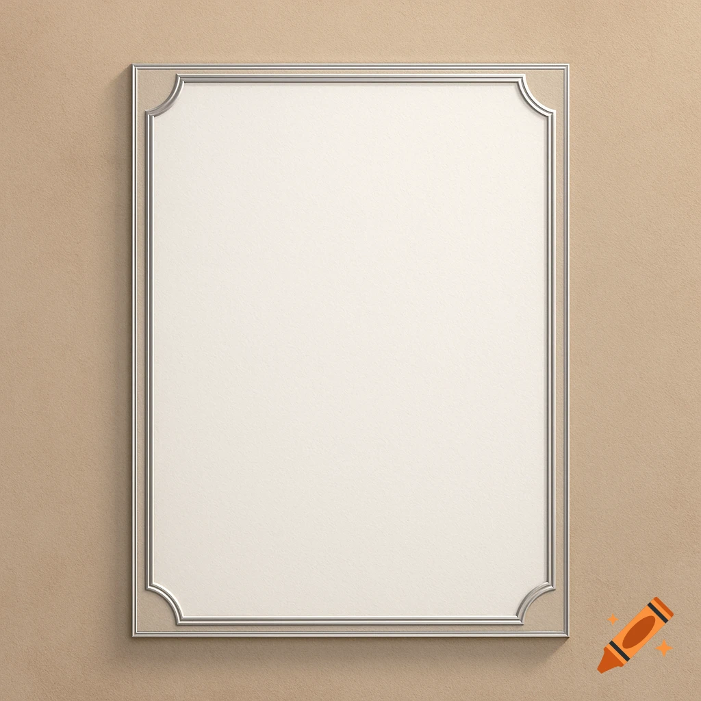 An ornate, blank silver picture frame with a cream mat hanging on a textured beige wall.