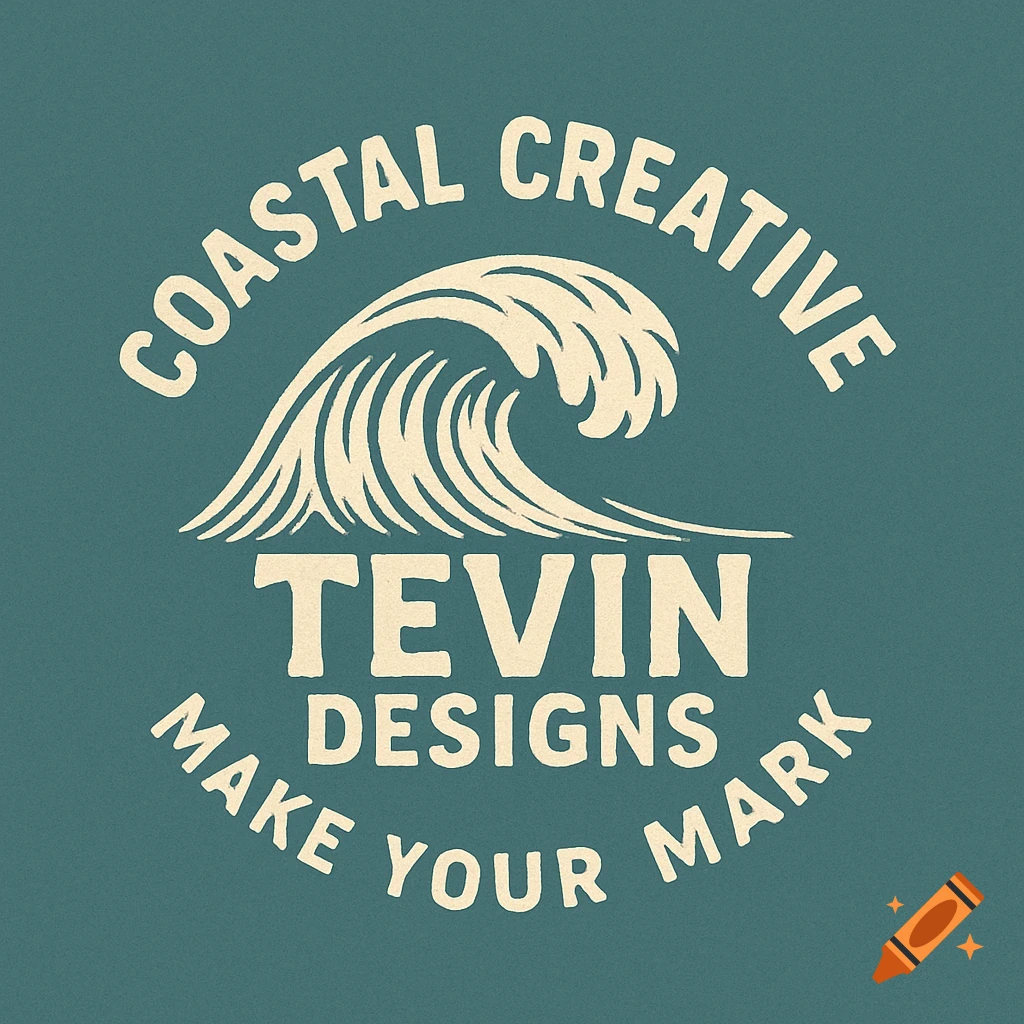 Vintage surf-inspired logo with a wave graphic and text 'Coastal Creative', 'Tevin Designs', and 'Make Your Mark' on a teal background.
