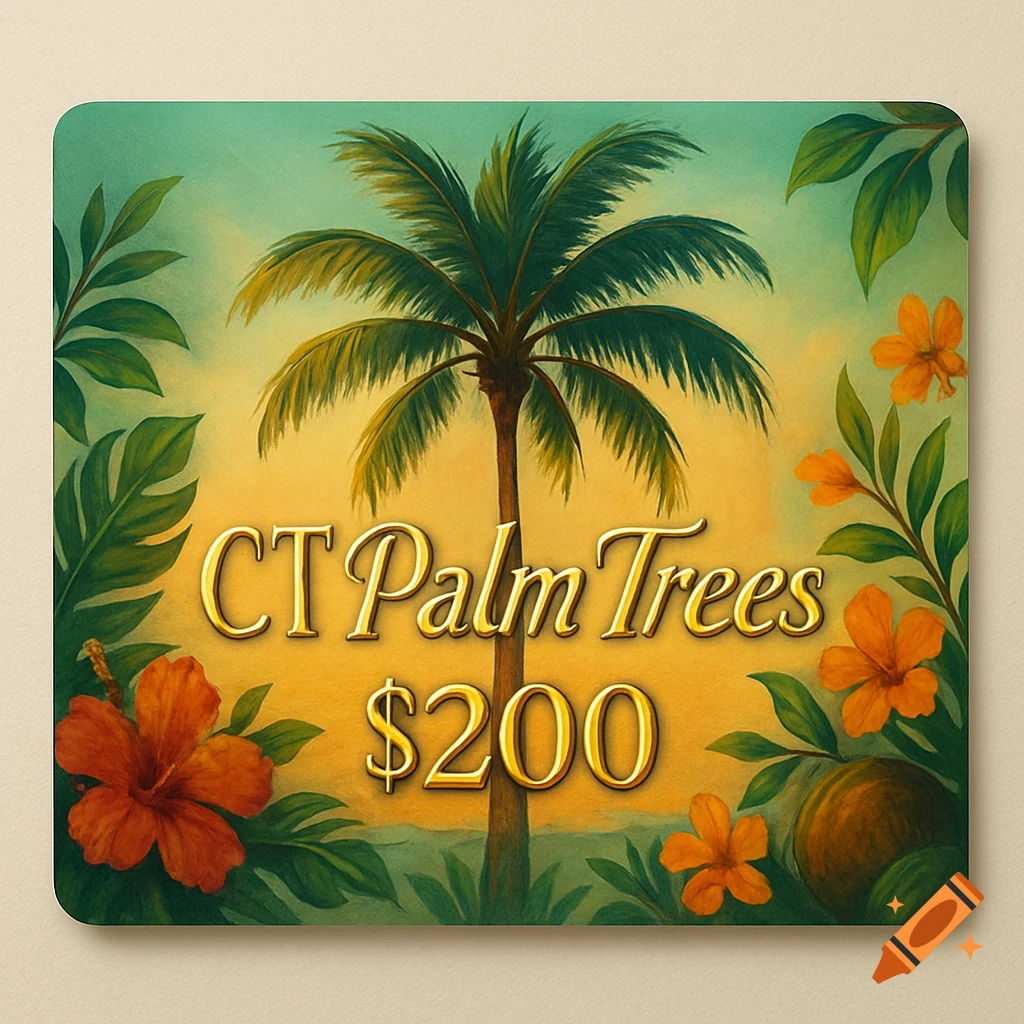 A tropical gift card featuring a golden palm tree, orange hibiscus, and green leaves against a sunset background, with text 'CT Palm Trees $200'.