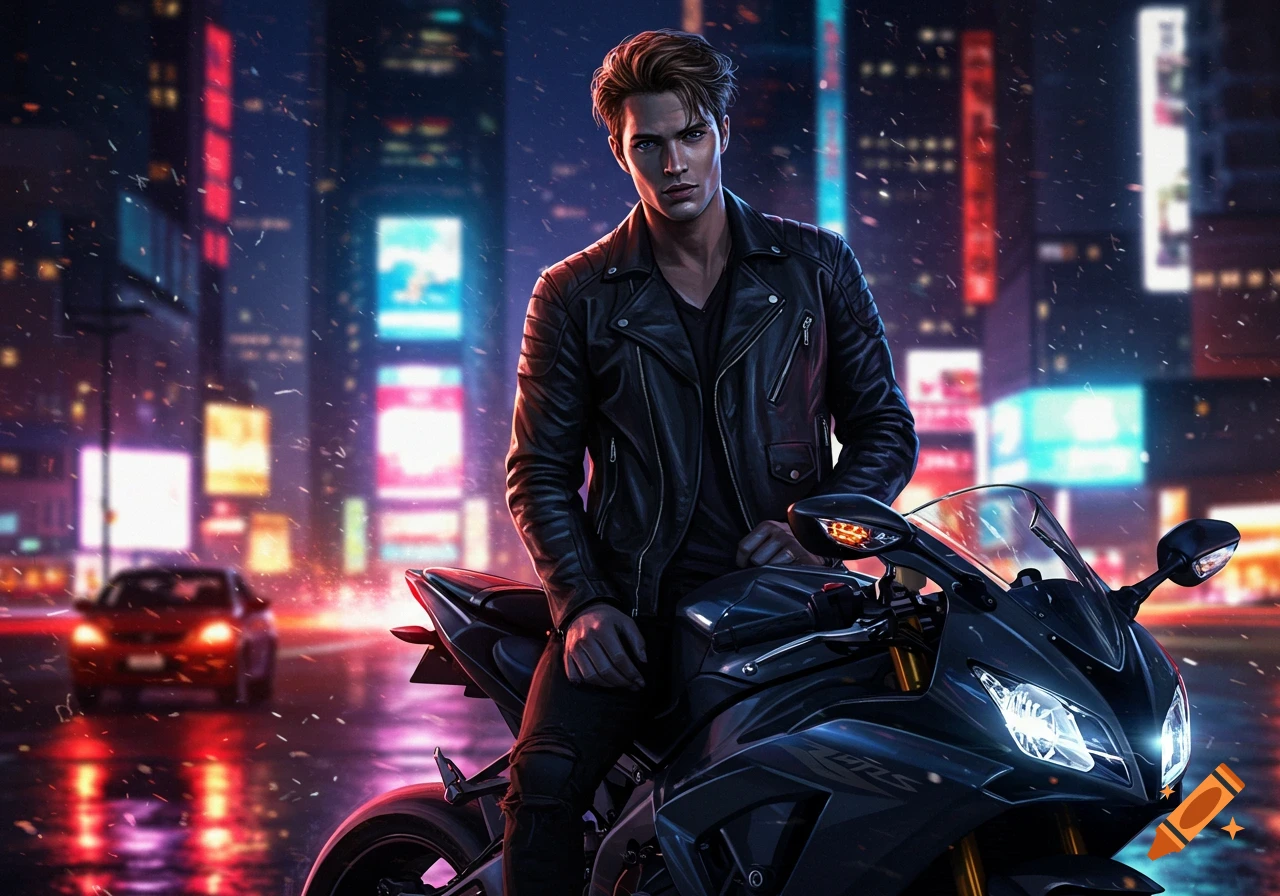 A man in a black leather jacket sitting on a black sport motorcycle on a neon-lit rainy city street at night.