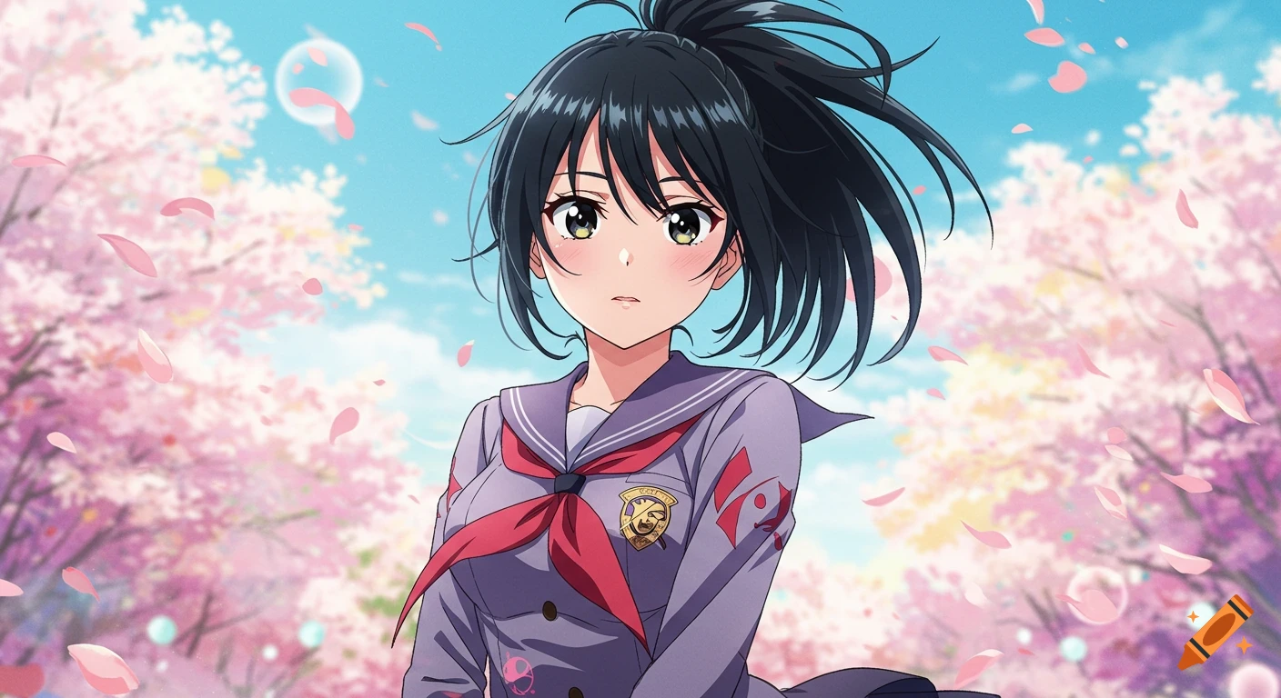 An anime girl with black hair in a ponytail wearing a purple school uniform stands amidst falling cherry blossoms.
