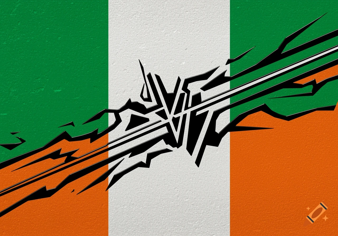 A green, white, and orange Irish flag with a shattered black abstract design inspired by Van Halen stripes.