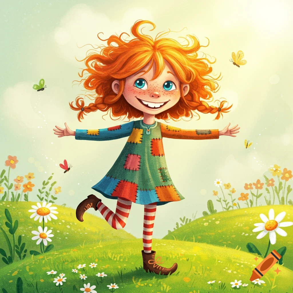 A cheerful, red-haired girl with freckles and a patched dress skips through a sunny green field with flowers and butterflies in a cartoon illustration style.