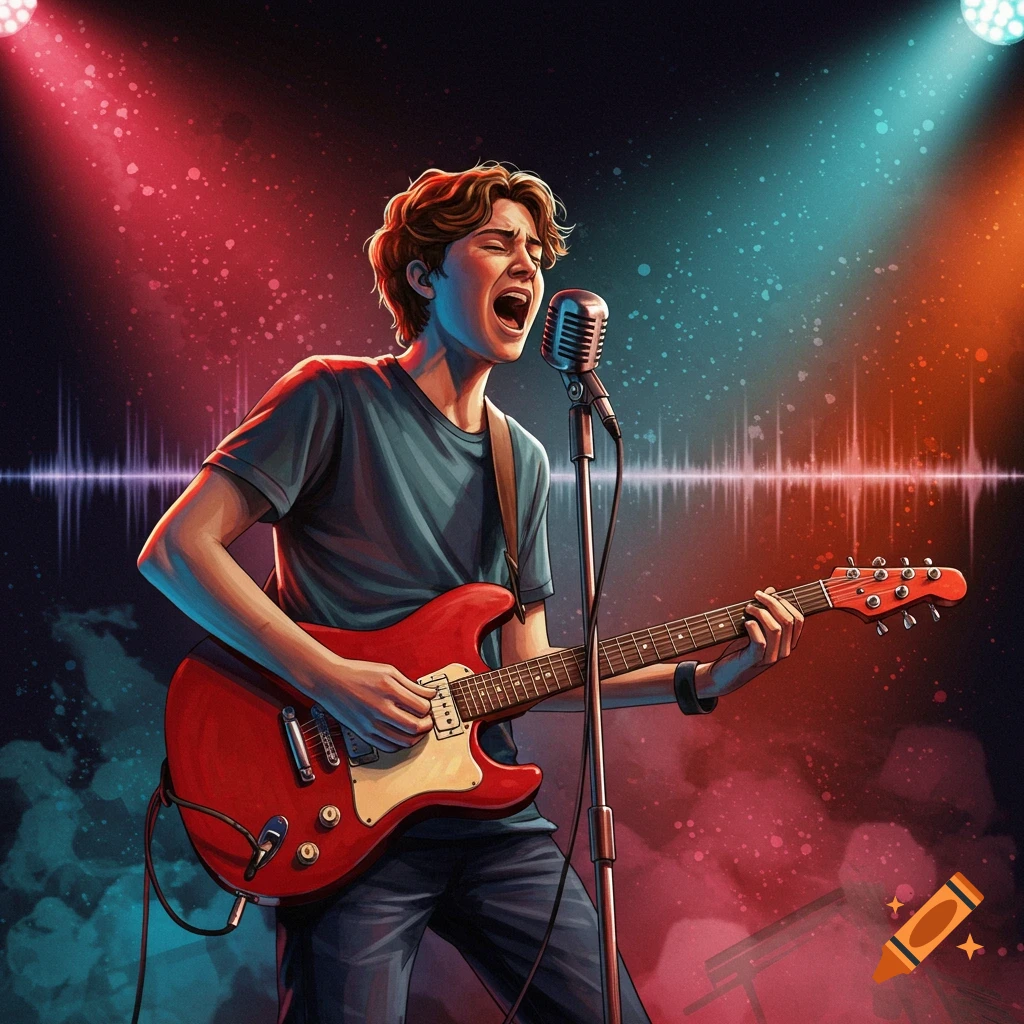 A stylized illustration of a teenager enthusiastically singing into a microphone while playing a red electric guitar on stage under colorful spotlights.