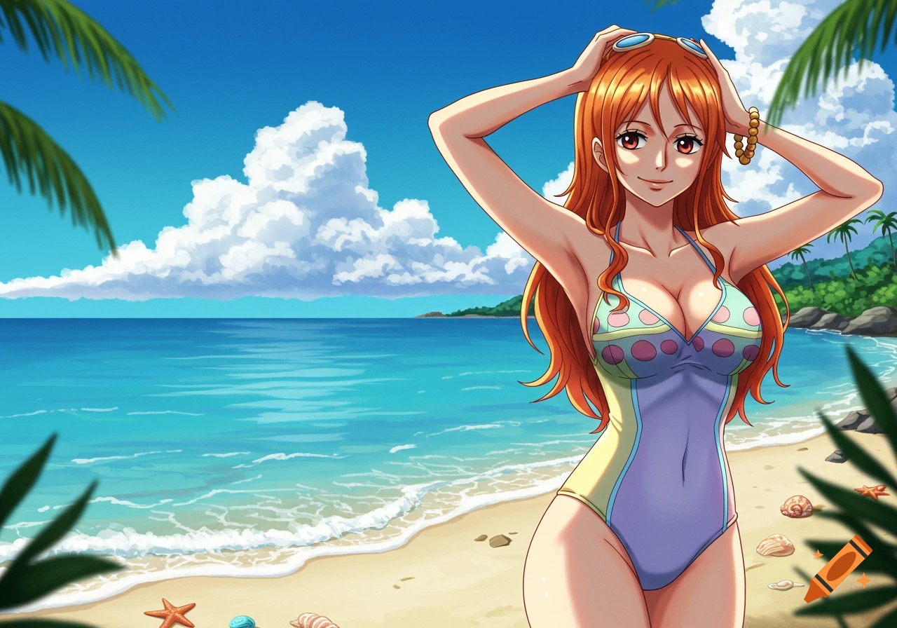 Anime character Nami in a blue and yellow polka-dot swimsuit poses on a sunny beach with clear blue water and palm trees.